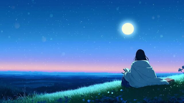 Anime Girl Watching Full Moon on Hill. Perfect for lo-fi, chill, and emotional music. Seamless looping time lapse animation video background, lo-fi art.

