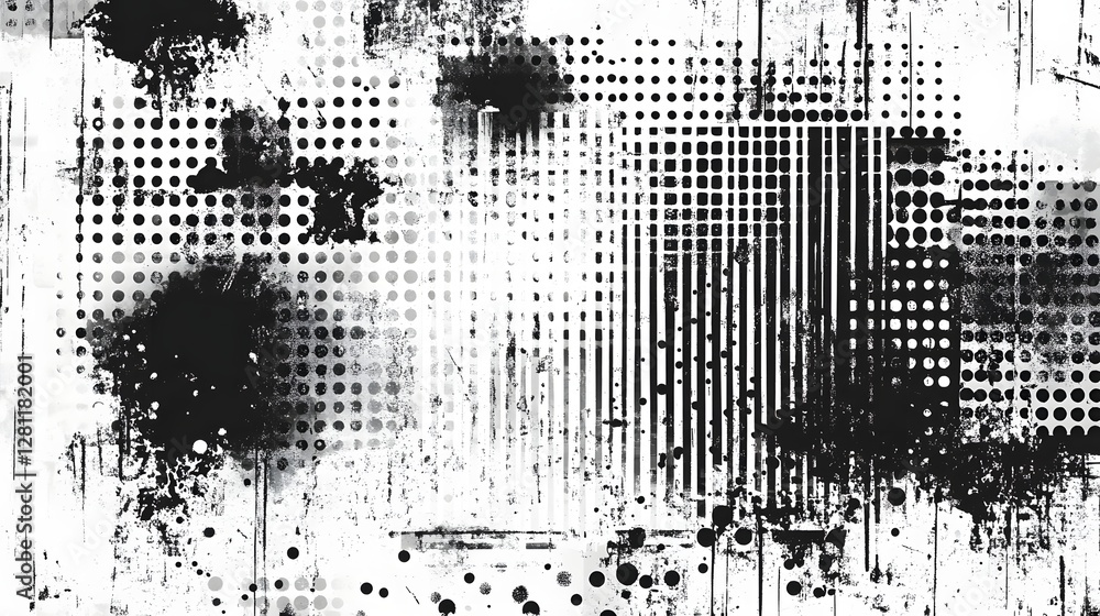 Poster Captivating abstract digital pattern featuring a monochromatic geometric design with glitch effects ink splatters and a dynamic futuristic aesthetic