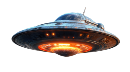 UFO flying through space with a space shuttle launch in the background, featuring boats, ships, and aircraft traveling over the sea and sky, illustrating speed and transportation