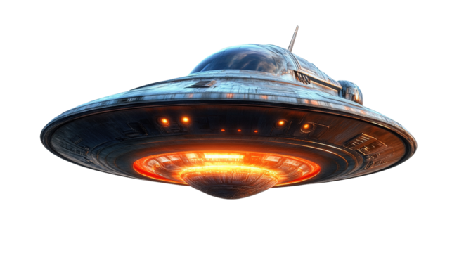 UFO flying through space with a space shuttle launch in the background, featuring boats, ships, and aircraft traveling over the sea and sky, illustrating speed and transportation