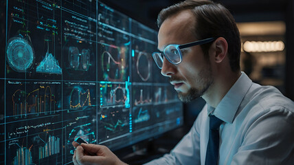 A data scientist analyzing a holographic dashboard of big data.

