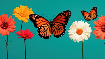 Colorful Butterflies Among Vibrant Flowers Nature Photography Outdoor Garden Bright Backdrop Close-Up View Spring Inspiration