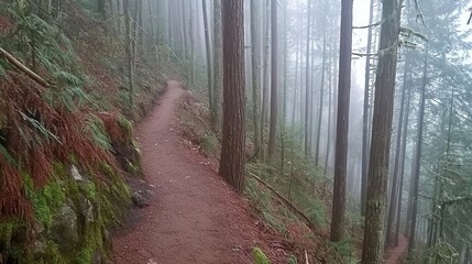 Obraz premium Serene Forest Path Winding Through Misty Woods