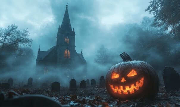 Eerie Jack-o-Lantern in Spooky Cemetery with Tombstones and Haunted Church on Foggy Halloween Night, Generative AI