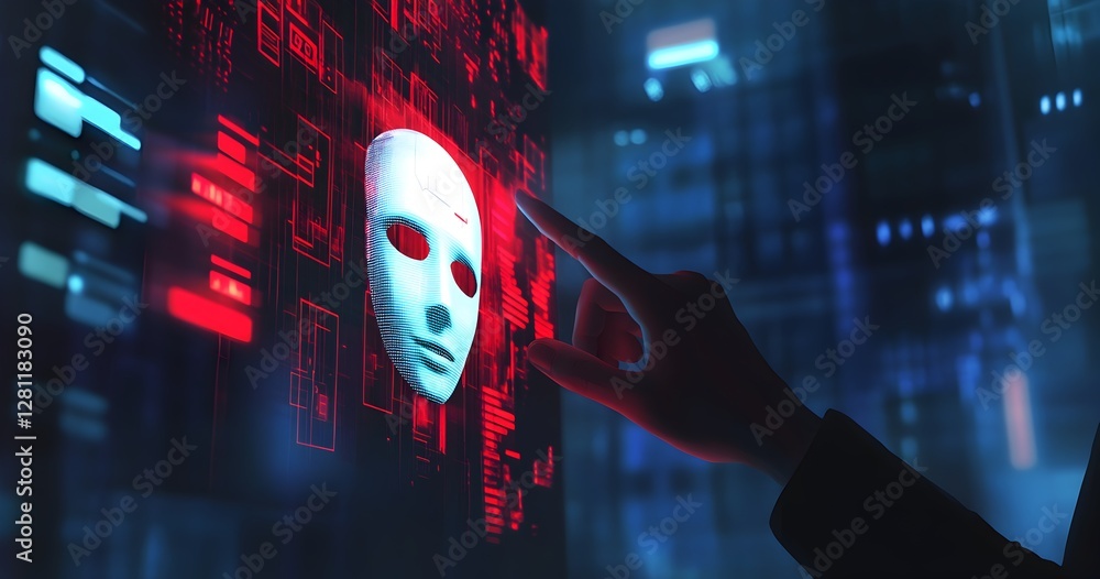 Poster a person is pointing at a skull on a computer screen