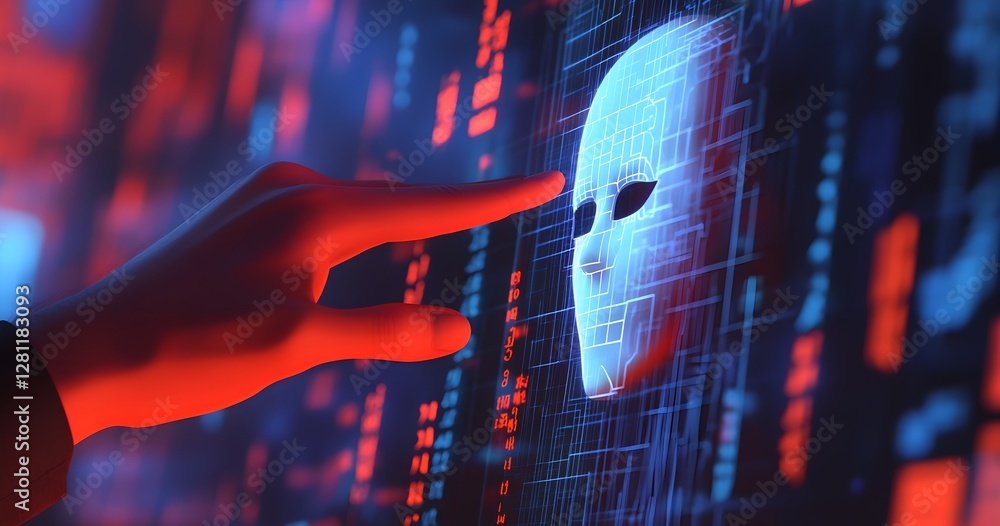 Poster a person is pointing at a skull on a computer screen