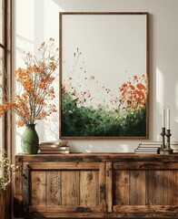 A 3D rendering featuring a vertical wooden frame mockup set against a green wall background and accompanied by a wooden console