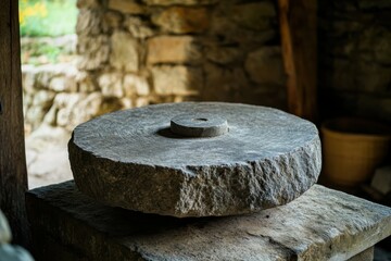 Naklejka premium Medieval Grindstone: Closeup of Round Sandstone Tool for Grinding and Sharpening at Country House