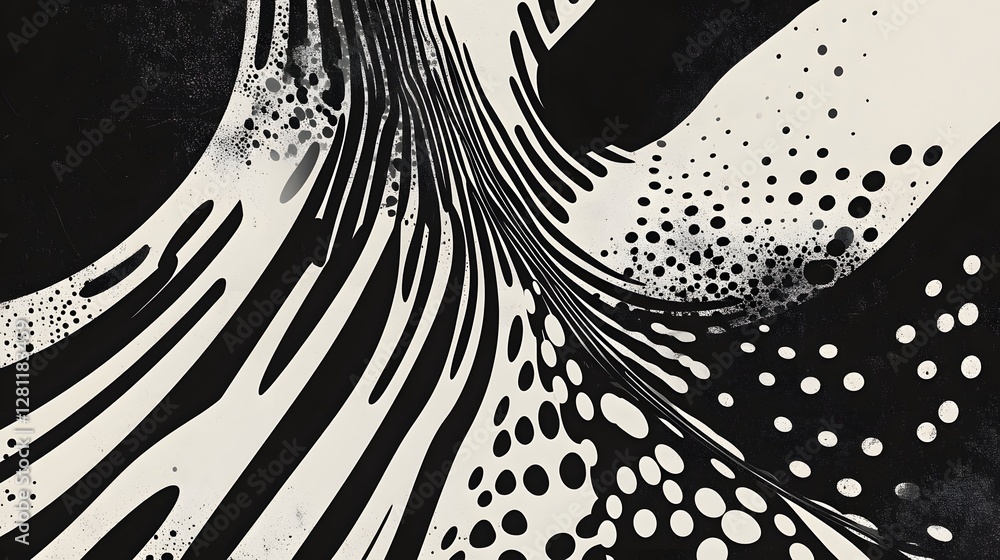 Poster Captivating abstract geometric composition featuring dynamic patterns lines and dots in striking monochrome black and white tones  The artwork showcases a modern