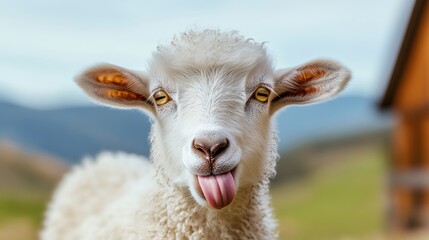 Fototapeta premium Cute white sheep with a tongue sticking out. The sheep is looking at the camera with a smile on its face
