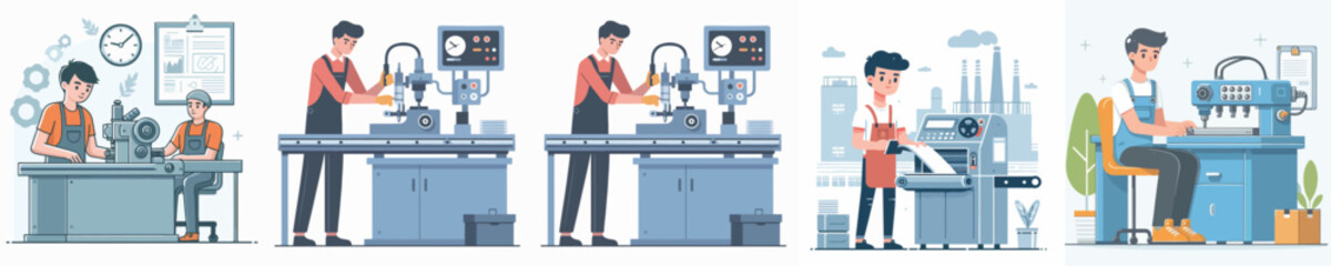 Vector of a young man working on a factory machine.