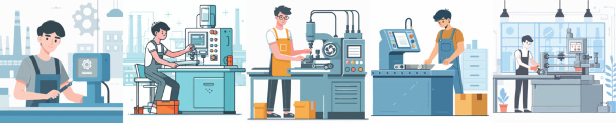 Vector of a young man working on a factory machine.