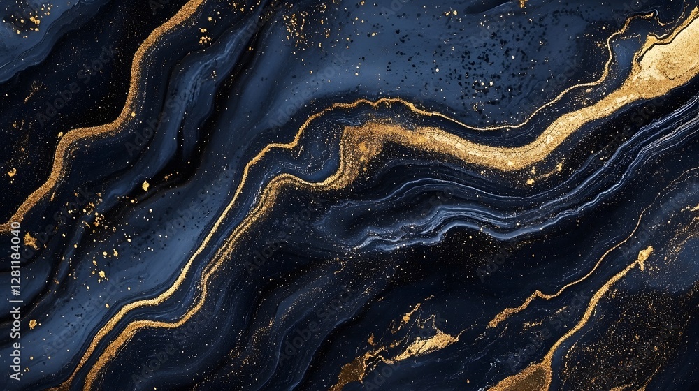 Poster captivating abstract image showcasing fluid dynamic waves of vibrant metallic hues in shades of blac
