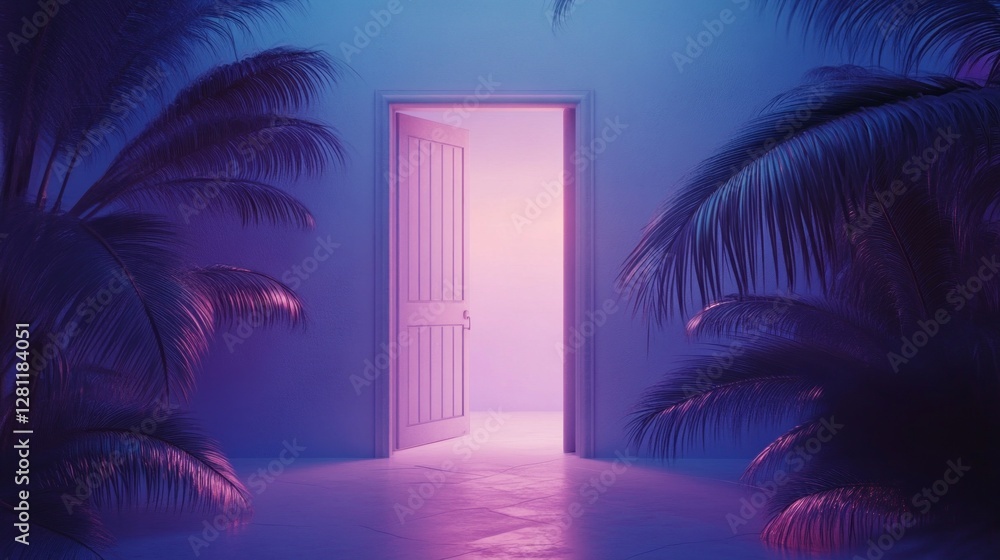 Poster an open door invites curiosity, emanating a soft glow of purples and pinks. lush greenery frames the
