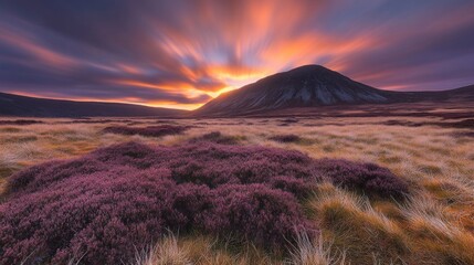 Majestic Mountain Sunset Over Heather Fields