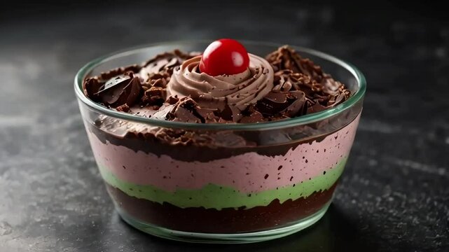 A spumoni ice cream in glass bowl, chocolate layers.