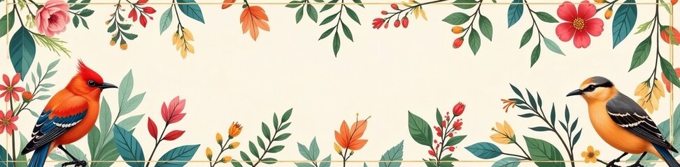 Vibrant bird pattern with flowers and leaves on a pastel background, decorative, ornamental
