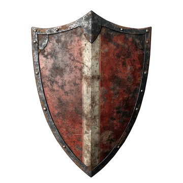 Rusty and broken medieval knights shield isolated on transparent background