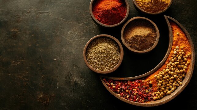 A birda??s-eye view of small bowls with aromatic Ramadan spices