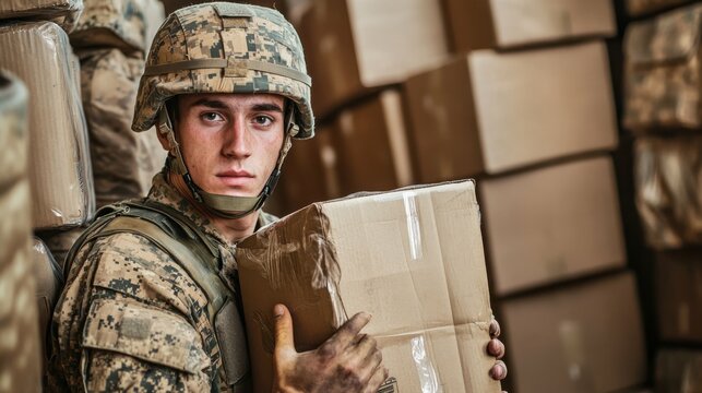 Military Mail Call: Soldier in Camouflage Uniform Delivering Packages