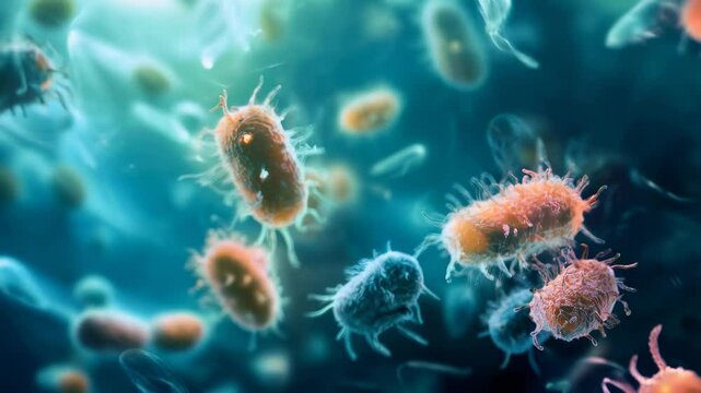Explore microbial life in intricate detail showcasing vibrant bacteria against a striking blue background in a stunning microscopic view