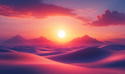 Obraz premium A vibrant sunset painting the sky over a desert landscape, with rolling sand dunes and mountains silhouetted against the warm, colorful hues