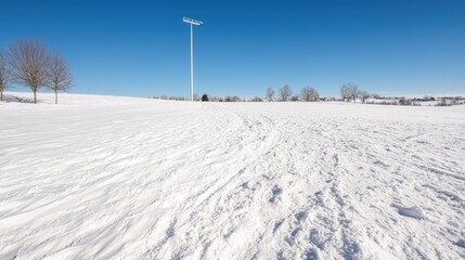 Obraz premium Snow-covered field with footprints under a clear blue sky on a bright winter day.