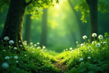 Fototapeta premium Serene Forest Path Sunlit Meadow with Delicate White Blossoms and Lush Green Foliage