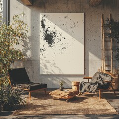 Leaning against a pastel wall on the floor is a poster photo frame mockup, which has a shadow that features leaves