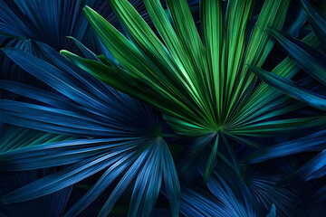 abstract palm leaf textures on dark blue tone, natural green background.