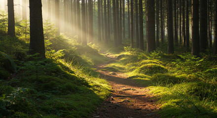 Obraz premium A peaceful morning in a lush green forest, with sunlight filtering through the trees and casting gentle shadows on the forest floor.