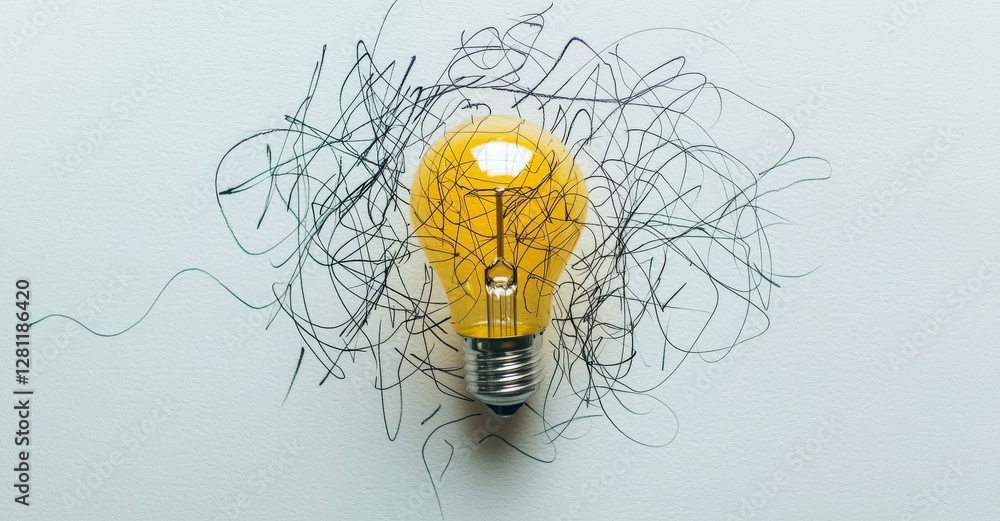 Poster a flat lay featuring a light bulb symbolizes the clarification of complex ideas and concepts