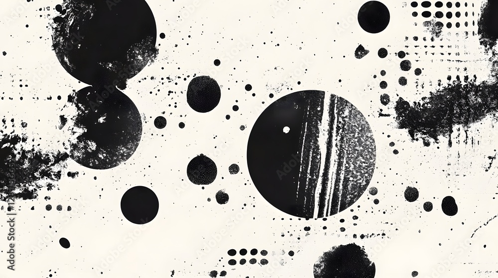 Poster Captivating abstract monochrome composition featuring overlapping spheres fluid paint splatters and minimalist geometric patterns  This visually striking digital artwork evokes a sense of depth