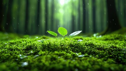 Young plants sprouting in mossy forest, rain
