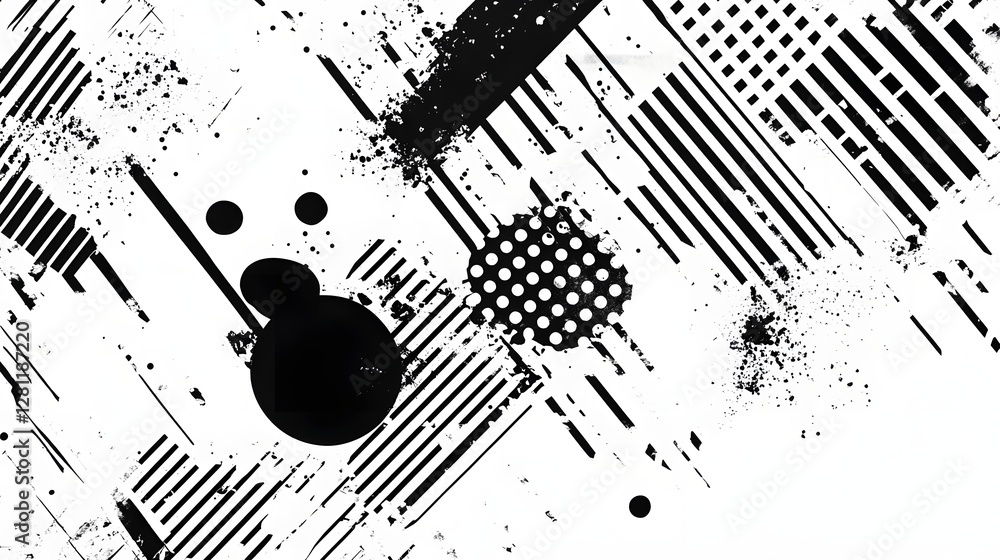 Aufkleber Captivating abstract monochrome geometric patterns with dynamic brush strokes splashes and minimalist dots creating a contemporary futuristic and digital background design