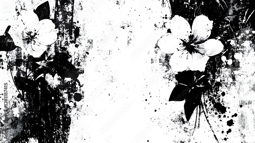 Poster Captivating abstract monochrome floral with dramatic organic textures patterns and splatter effects creating a serene and ethereal atmosphere