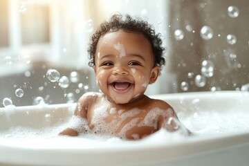 Joyful Black baby sitting in a bubbly bathtub, giggling with excitement, warm natural bathroom light, childhood innocence, African American baby, bathtub, fluffy bubbles, giggling