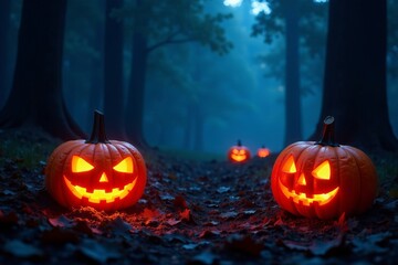 Spooky jack-o'-lanterns glowing in the dark forest, perfect for Halloween night, jack-o'-lantern, night