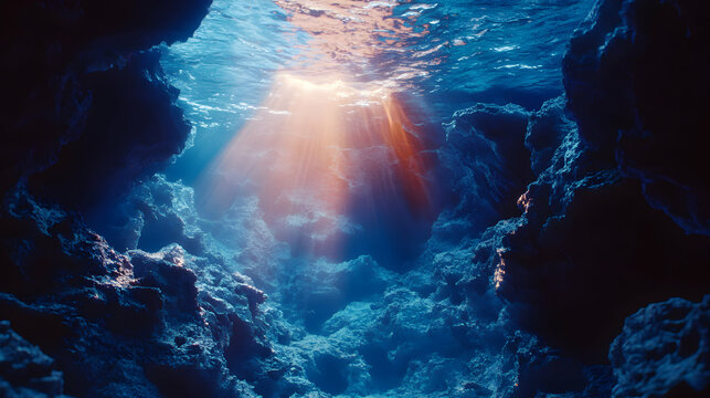 Underwater cave illuminated by sunbeams, creating a serene and mysterious ambiance