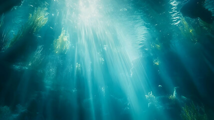 Obraz premium Sunlight piercing through the tranquil depths of the ocean creating ethereal scenery