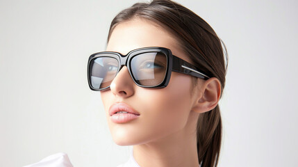 Fototapeta premium A Young Woman with Chic Black Glasses Isolated on White Background
