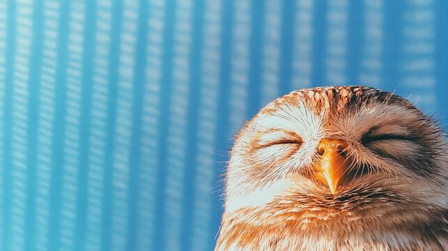 Un b&uacute;ho sonriente se asoma frente a un fondo azul, transmitiendo calma y alegr&iacute;a.