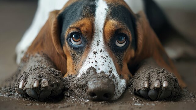 Muddy Paws. Guilty Basset Hound Dog with Muddy Paws, Caught in the Act