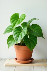 Fototapeta premium Heart-shaped leaves of a vibrant green houseplant, flourishing in a terracotta pot, elegantly displayed on a light wood surface against a minimalist backdrop