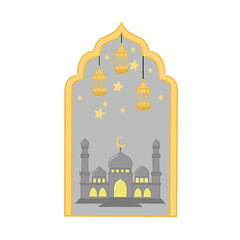 illustration of a mosque building decorated with lanterns