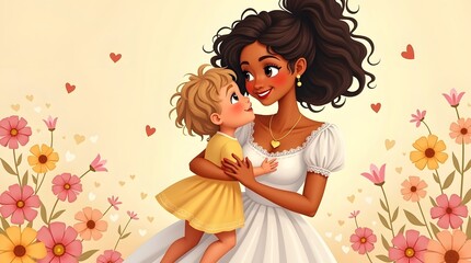 Loving Mother and Child, Warm and Happy Family Illustration, Heartfelt Mother&rsquo;s Day Artwork, Mom and Daughter in Bloom, Beautiful Mother-Child Bond, Elegant Digital Painting, Tender Embrace