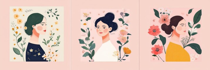 Greeting card collection for International Womens Day featuring floral designs and diverse styles for 8 March celebrations. Generative AI