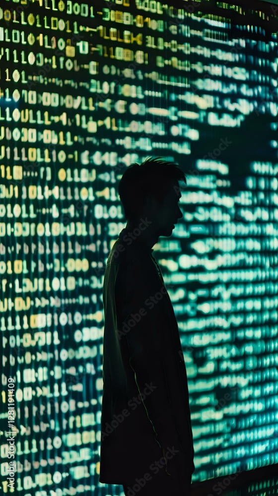 Poster silhouette of male figure against glowing digital binary code wall in green and blue tones, represen