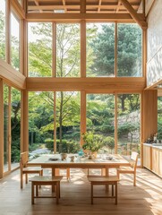 A wooden interior shows natural light and a green view