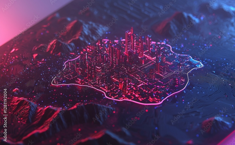 Poster futuristic illustration of network connectivity and data flow through cyberspace